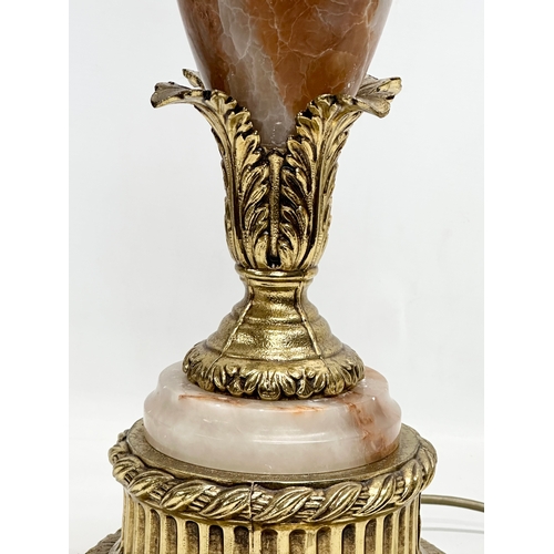 150 - A large good quality brass and marble table lamp. Base 68cm. 93cm with shade.