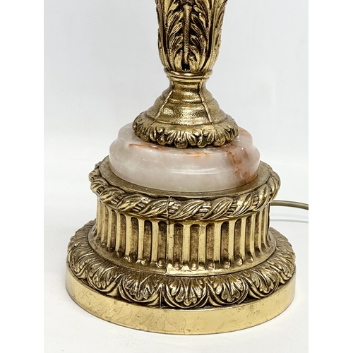 150 - A large good quality brass and marble table lamp. Base 68cm. 93cm with shade.