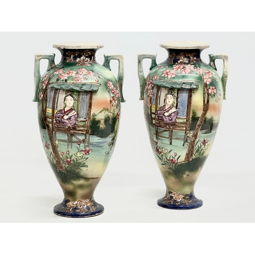 55 - A pair of large signed Early 20th Century Japanese hand painted, 2 handled baluster vases. By Satsum... 