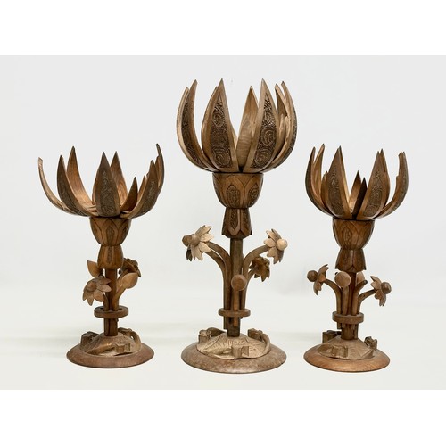 236 - 3 Mid 20th Century carved lotus table lamps. No wiring. Largest 43cm. Pair 33cm