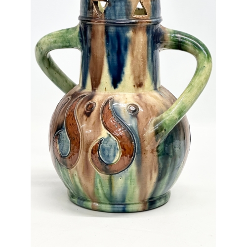 316 - A large Early 20th Century Belgian Art Nouveau glazed, 2 handled pot. 21x29cm