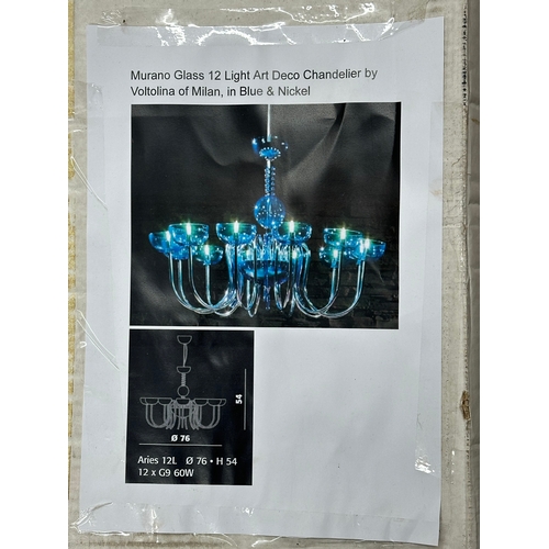 36A - Unopened Murano Glass chandelier. A Voltolina of Milan Blue & Nickel Art Deco chandelier. Murano Gla... 