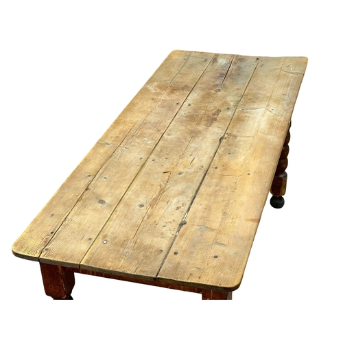 157 - A 19th Century Victorian pine farmhouse kitchen table with bobbin turn legs. 162x65x75cm(2)