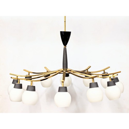 27 - A 1960s Mid Century French brass and opaline glass chandelier. 75x75xm