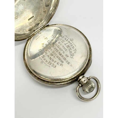 640 - Aaron Lufkin Dennison. An Early 20th Century silver pocket watch. Presented to Serg W.J McNally. By ... 