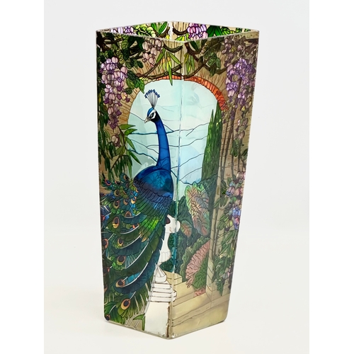 532 - Kathleen McKenna. A large stained glass “Peacock” vase. Tiffany style. 12x12x30cm.