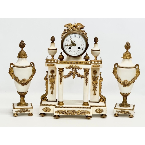 56 - A good quality Late 19th Century French onyx and gilt brass 3 piece clock set. With enamelled dial f... 