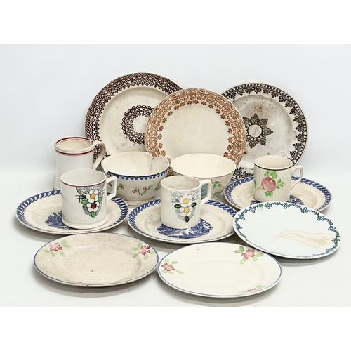 433 - A collection of 19th Century spongeware and pearlware pottery. Drinking mugs and tankards, dinner pl... 