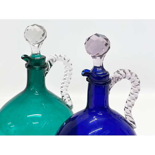 58 - A Pair of Late 19th Century Victorian Bristol Blue and Green Glass Flagon Decanters. With twist rope... 