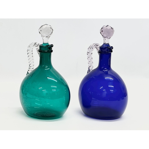 58 - A Pair of Late 19th Century Victorian Bristol Blue and Green Glass Flagon Decanters. With twist rope... 