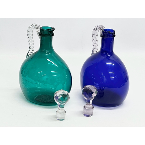 58 - A Pair of Late 19th Century Victorian Bristol Blue and Green Glass Flagon Decanters. With twist rope... 