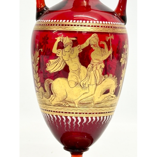 60 - A fine quality Late 19th Century Bohemian ruby glass urn shaped vase. With gilt neoclassical finish.... 