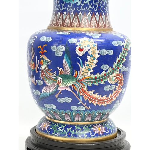 22 - A large vintage Chinese cloisonnie enamelled baluster vase on stand. 23x39cm. 45cm with stand.