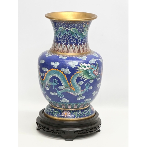 22 - A large vintage Chinese cloisonnie enamelled baluster vase on stand. 23x39cm. 45cm with stand.