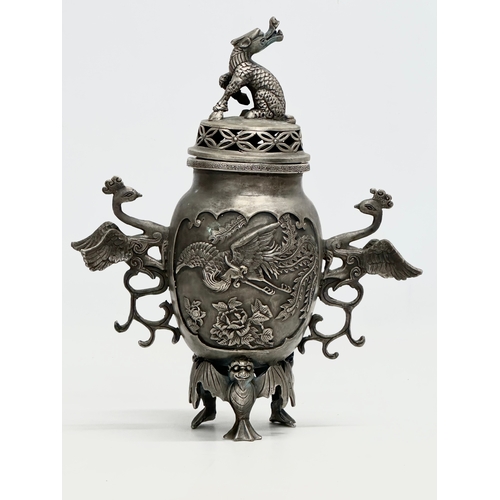 77 - A large Late 19th/Early 20th Century plated brass incense burner, with cover. Xuande 4 character mar... 