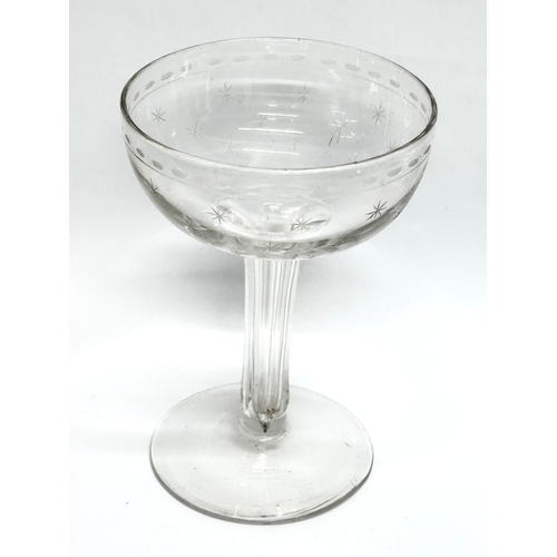 155 - A set of 4 Late 19th Century etched champagne glasses. Circa 1860-1880. 9x12.5cm