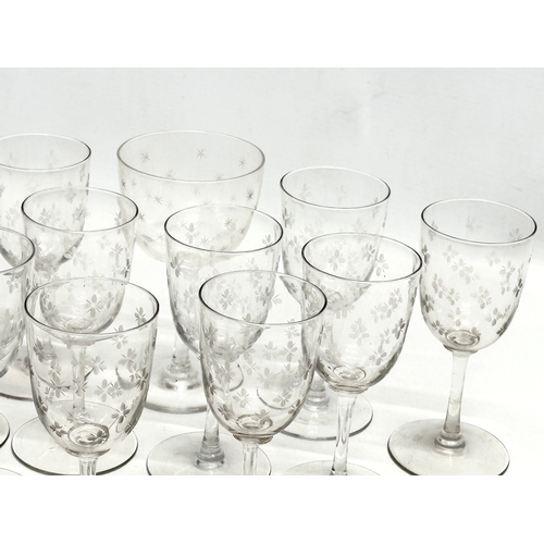 162 - A set of 11 Late 19th Century Victorian etched port glasses, including a matching champagne glass. C... 