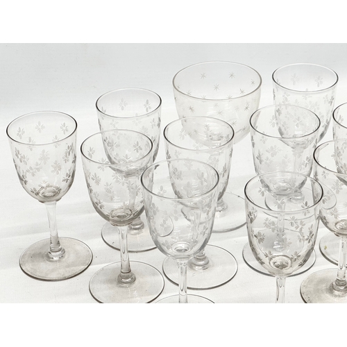 162 - A set of 11 Late 19th Century Victorian etched port glasses, including a matching champagne glass. C... 