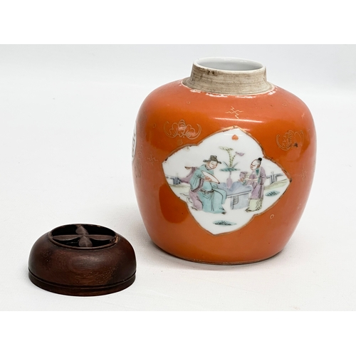 255 - A Late 19th/Early 20th Century Chinese coral ginger jar, with later wooden lid. 10x13cm