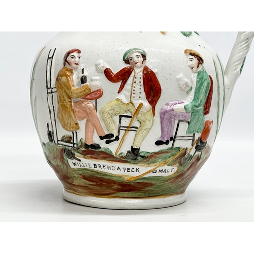 434 - A large 19th Century Staffordshire Pottery moulded relief jug. Willie Brewd A Peck O Maut. 20x18x24.... 