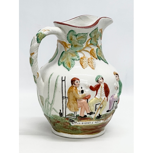 434 - A large 19th Century Staffordshire Pottery moulded relief jug. Willie Brewd A Peck O Maut. 20x18x24.... 