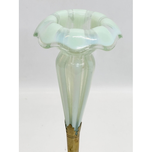 169 - A 19th Century Victorian brass trumpet vase, with a wrythen opaline glass insert and needle work sty... 