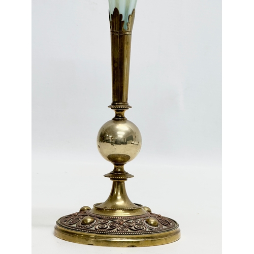 169 - A 19th Century Victorian brass trumpet vase, with a wrythen opaline glass insert and needle work sty... 