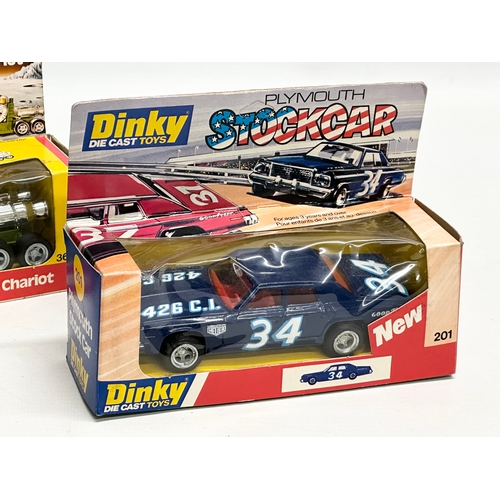 749 - 2 vintage Dinky cars. A Dinky Die Cast Toys Plymouth Stockcar. A Dinky Die Cast Toys Galactic War Ch... 