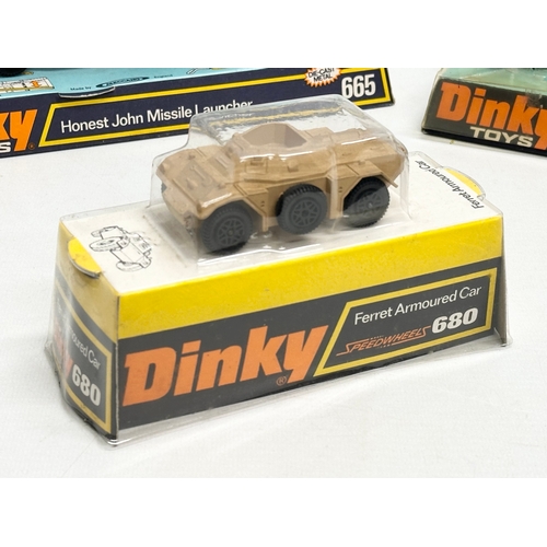 761 - 3 1970’s Dinky Toys. A 731 S.E.P.E.C.A.T Jaguar. A 665 Honest John Missile Launcher. An unopened 680... 