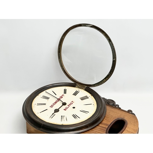 45 - Beringer Bros, Belfast. A Late 19th Century mahogany advertising wall clock. Key and pendulum. 33x47... 