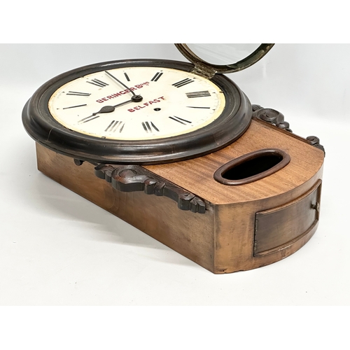 45 - Beringer Bros, Belfast. A Late 19th Century mahogany advertising wall clock. Key and pendulum. 33x47... 