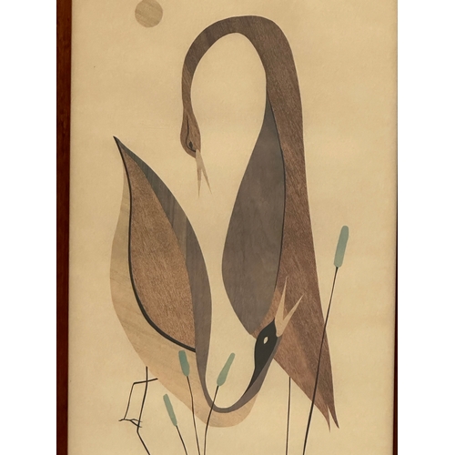 341 - Joan Bryant. A 1970’s Mid Century woodcut print in teak frame. 32.5x57.5cm.