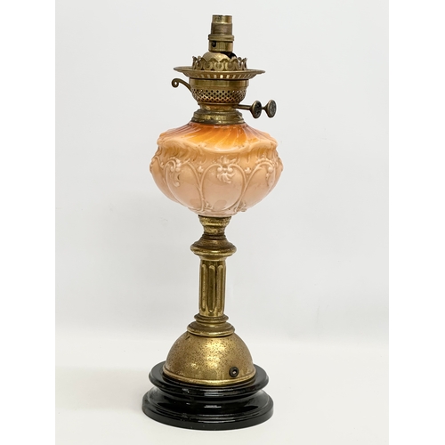 805 - A 19th Century Victorian opaline glass double burner oil lamp/converted table lamp, with brass colum... 