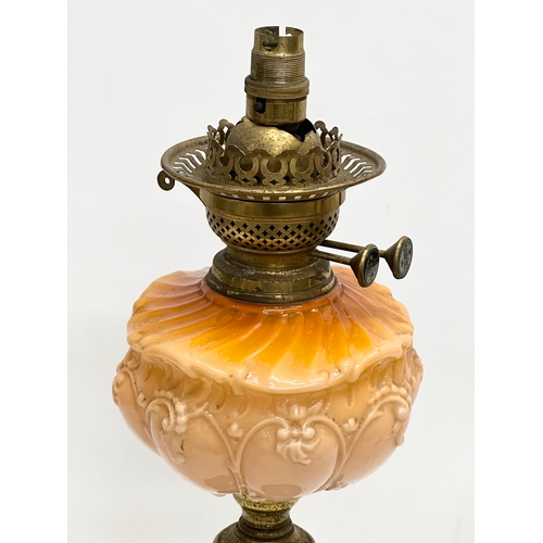 805 - A 19th Century Victorian opaline glass double burner oil lamp/converted table lamp, with brass colum... 