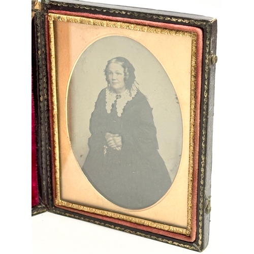 224 - 2 Mid 19th Century Daguerreotype photos of ladies in case. 1850-1860. One frame is Parkesine. 12.5x1... 