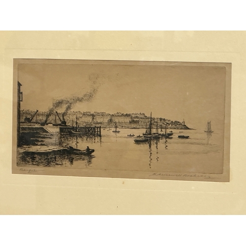 423 - Robert Cresswell Boak. An etching of Bangor. Early 20th Century. 27x14cm. Frame 44x34cm