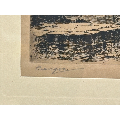 423 - Robert Cresswell Boak. An etching of Bangor. Early 20th Century. 27x14cm. Frame 44x34cm