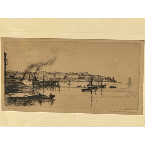 423 - Robert Cresswell Boak. An etching of Bangor. Early 20th Century. 27x14cm. Frame 44x34cm