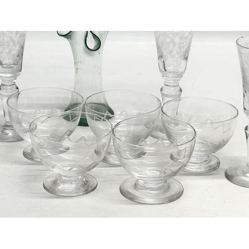 424 - A collection of 19th and 20th Century glassware. Etched sherry/port glasses. Webb Corbett bowls 6.5x... 