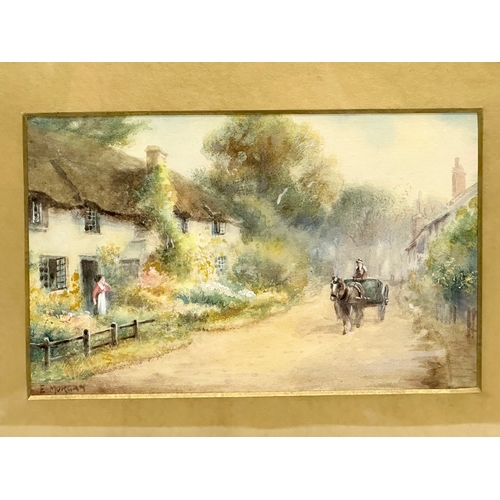 416 - E. Morgan. 19th Century watercolour drawing. Country Village. 23.5x15cm. Frame 36x25.5cm.