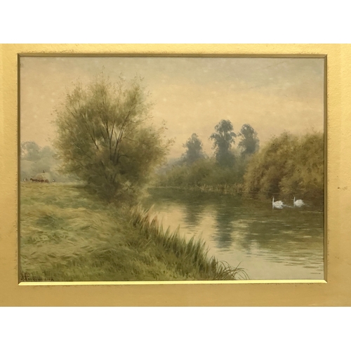 359 - Alfred Ashdown Box. An Early 20th Century watercolour drawing. Swans on the Lake. In an ornate Boots... 