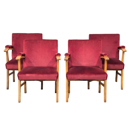 927 - A set of 4 1950s oak framed armchairs with velvet upholstery. (4)