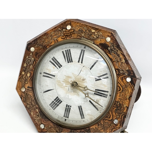 832 - A Late 19th Century Victorian inlaid wag on the wall clock. Weight and pendulum.