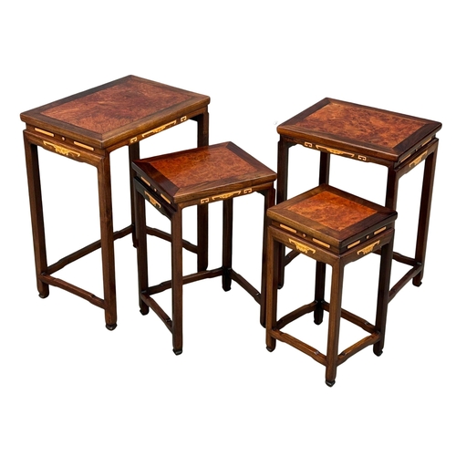 195 - A good quality Chinese inlaid padauk nest of tables, with burr elm panel tops and satinwood inlay. T... 