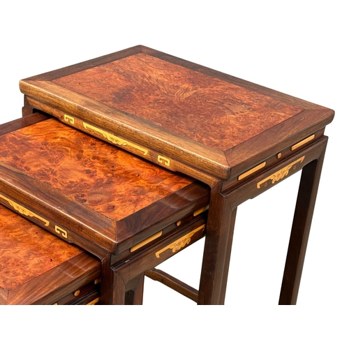 195 - A good quality Chinese inlaid padauk nest of tables, with burr elm panel tops and satinwood inlay. T... 