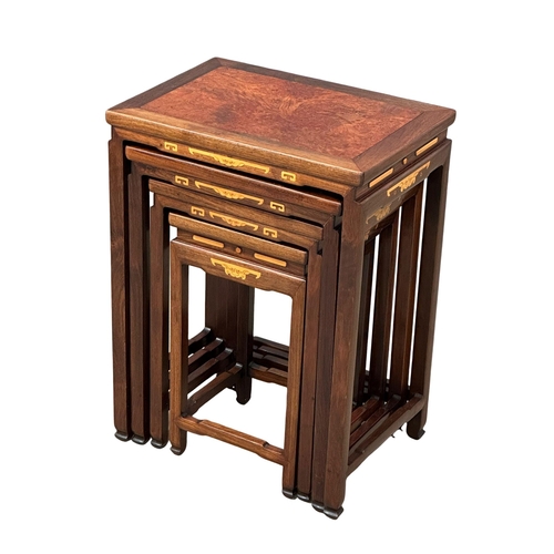 195 - A good quality Chinese inlaid padauk nest of tables, with burr elm panel tops and satinwood inlay. T... 