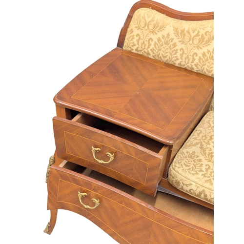 820 - A vintage French style inlaid mahogany telephone bench with brass handles and mounts. 104x80cm