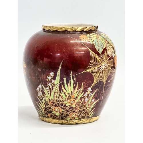 464 - A Carlton Ware “Rouge Royale” hand painted pot. With Spiders and Butterfly decoration. 11x12cm.