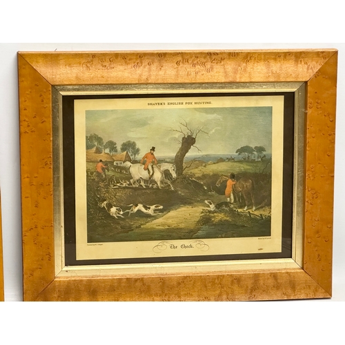 909 - 2 Georgian style hunting prints in birdseye maple frames. 38x31cm.