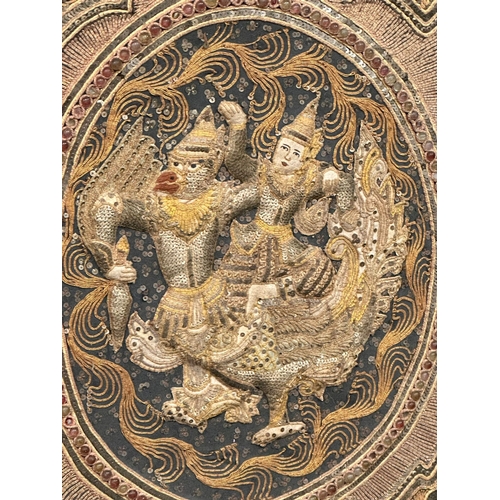 5 - A large Early 20th Century Indian embroidered silk panel in gilt wooden frame. 118x84cm